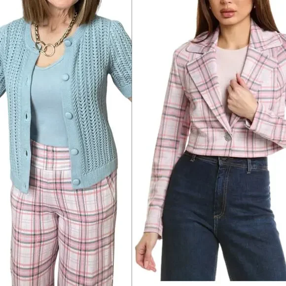 CAbi Playdate Crop Jacket + Pant Set Plaid Cheer Pink M Coquette Preppy Spring - Picture 16 of 16